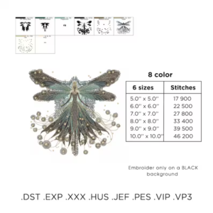 fairy with wings embroidery design, fairy in flight embroidery machine pattern