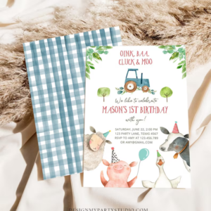 editable farm animals birthday invitation boy fist 1st party animals blue tractor