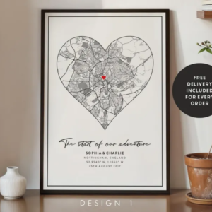 personalized couple map print engagement, valentine's day gift